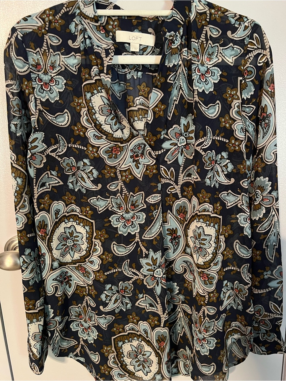 LOFT Paisley Floral Blouse in Navy with Teal & Mustard Accents